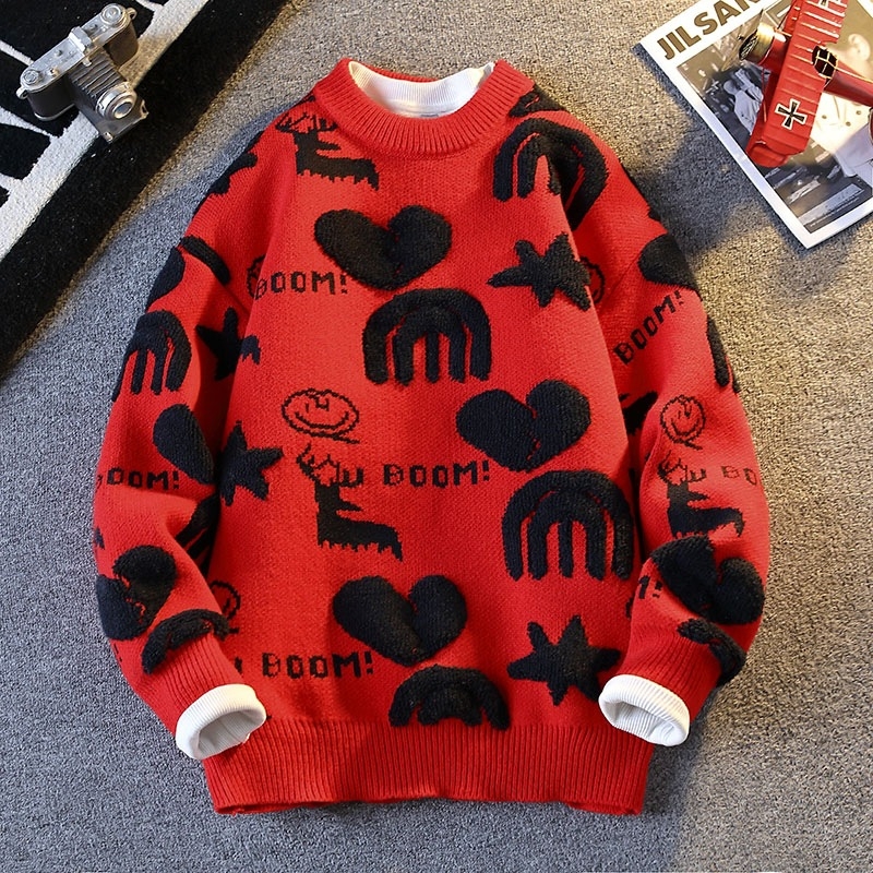 Benmingnian Big Red Sweater Jesenný a zimný pánsky zahustený vysoko kvalitný pletený kabát s pleteným vzorom Rok hada pre páry