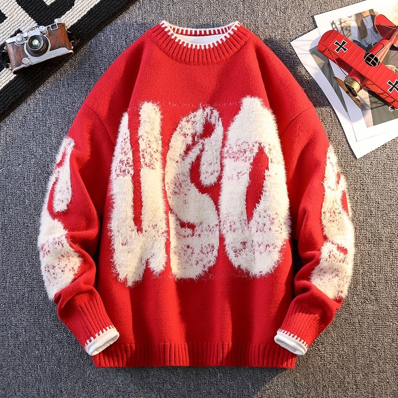 Benmingnian Big Red Sweater Jesenný a zimný pánsky zahustený vysoko kvalitný pletený kabát s pleteným vzorom Rok hada pre páry