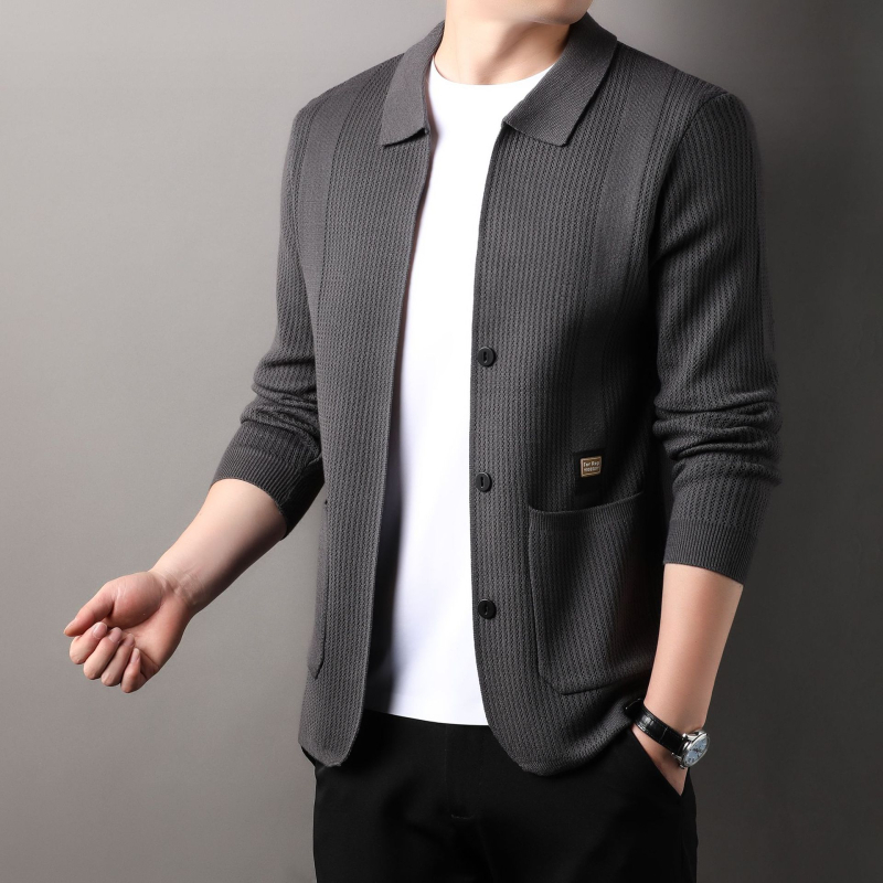 Cardigan tricotat pentru bărbați, cu rever, culoare solidă, la modă, Jacquard, vrac, casual, all-match, pulover, jachetă pentru bărbați