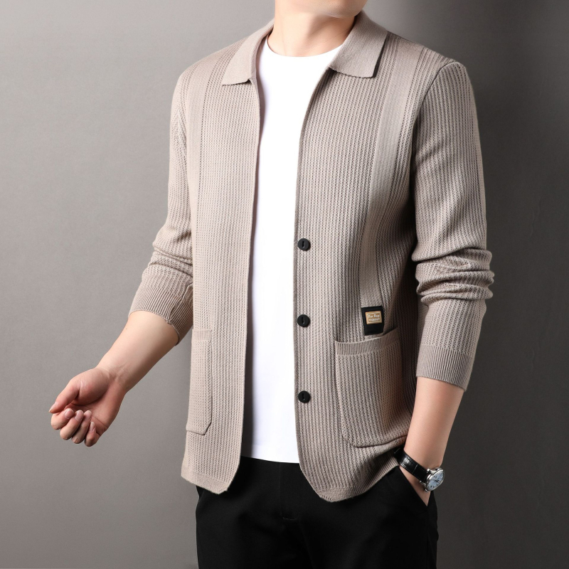 Cardigan tricotat pentru bărbați, cu rever, culoare solidă, la modă, Jacquard, vrac, casual, all-match, pulover, jachetă pentru bărbați
