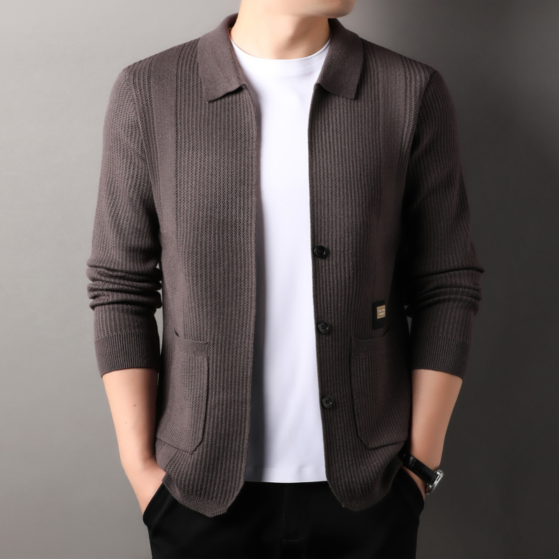 Cardigan tricotat pentru bărbați, cu rever, culoare solidă, la modă, Jacquard, vrac, casual, all-match, pulover, jachetă pentru bărbați