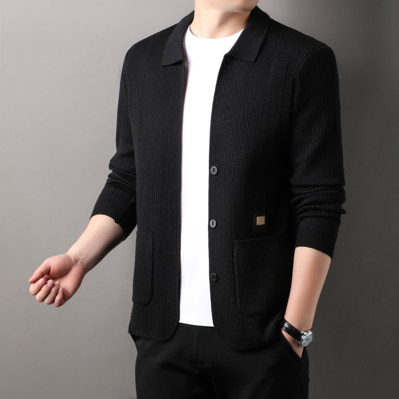 Cardigan tricotat pentru bărbați, cu rever, culoare solidă, la modă, Jacquard, vrac, casual, all-match, pulover, jachetă pentru bărbați