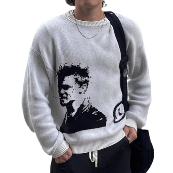 Φθινόπωρο και χειμώνας 2024 AliExpress Amazon πουλόβερ με σχέδιο κεφαλιού, υψηλής ποιότητας, πλεκτό πουλόβερ με στρογγυλή λαιμόκοψη, πουλόβερ με μακριά μανίκια, σετ