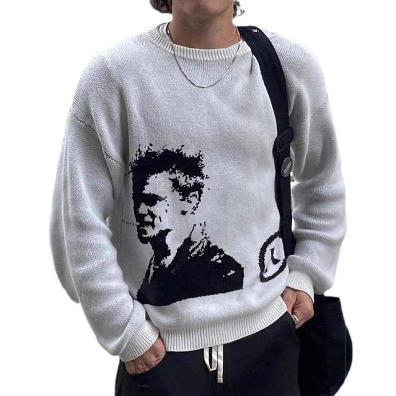 Pulover tricotat de înaltă calitate cu guler rotund, toamna și iarna 2024, cu model de cap de la AliExpress Amazon, lot de pulovere cu mânecă lungă