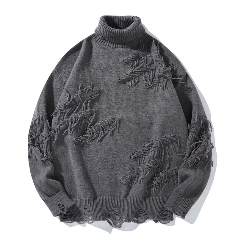 Pulover cu guler înalt și ciucuri rupte american transfrontalier, iarna caldă, stil leneș, casual, pulover pentru bărbați, stil de toamnă și iarnă