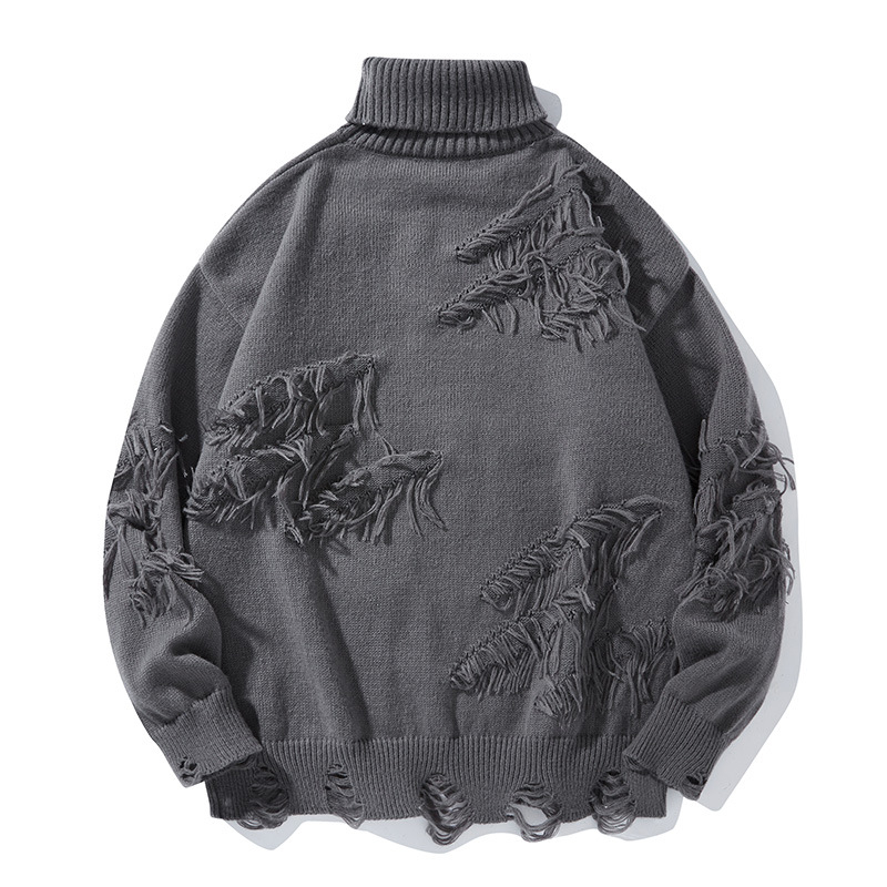 Pulover cu guler înalt și ciucuri rupte american transfrontalier, iarna caldă, stil leneș, casual, pulover pentru bărbați, stil de toamnă și iarnă