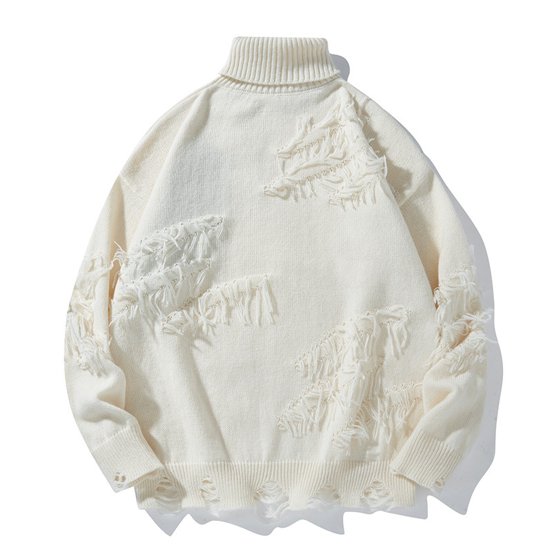 Pulover cu guler înalt și ciucuri rupte american transfrontalier, iarna caldă, stil leneș, casual, pulover pentru bărbați, stil de toamnă și iarnă