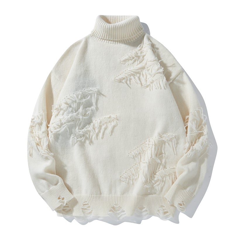 Pulover cu guler înalt și ciucuri rupte american transfrontalier, iarna caldă, stil leneș, casual, pulover pentru bărbați, stil de toamnă și iarnă