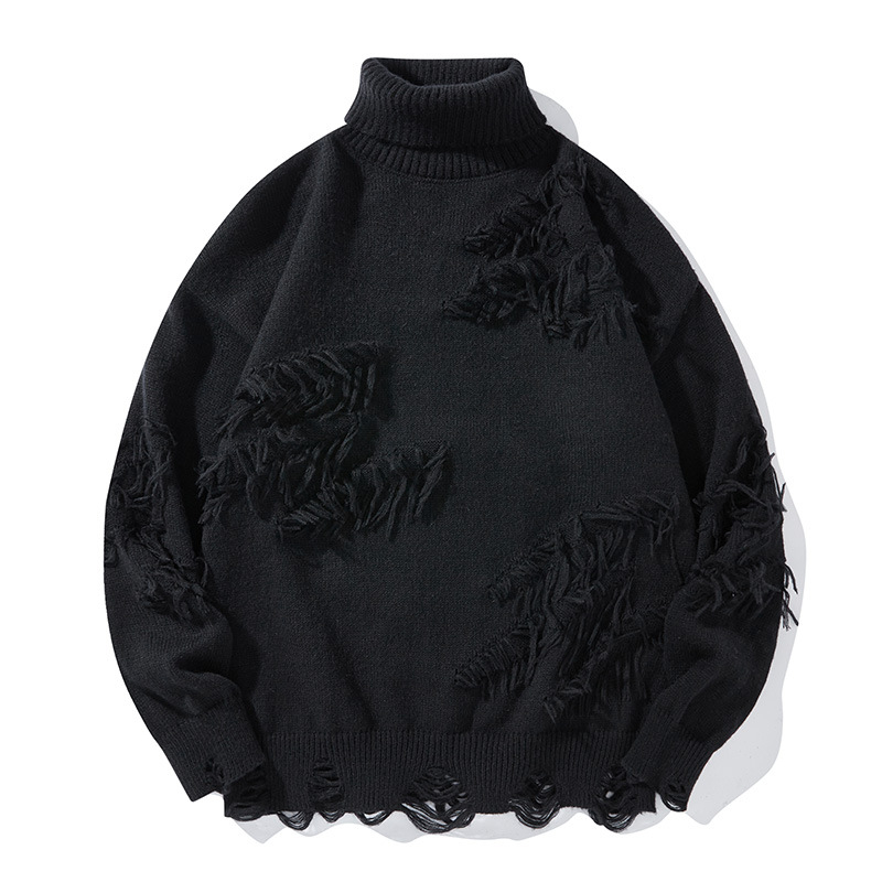 Pulover cu guler înalt și ciucuri rupte american transfrontalier, iarna caldă, stil leneș, casual, pulover pentru bărbați, stil de toamnă și iarnă