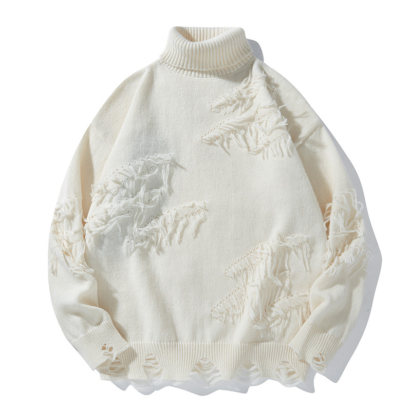 Pulover cu guler înalt și ciucuri rupte american transfrontalier, iarna caldă, stil leneș, casual, pulover pentru bărbați, stil de toamnă și iarnă