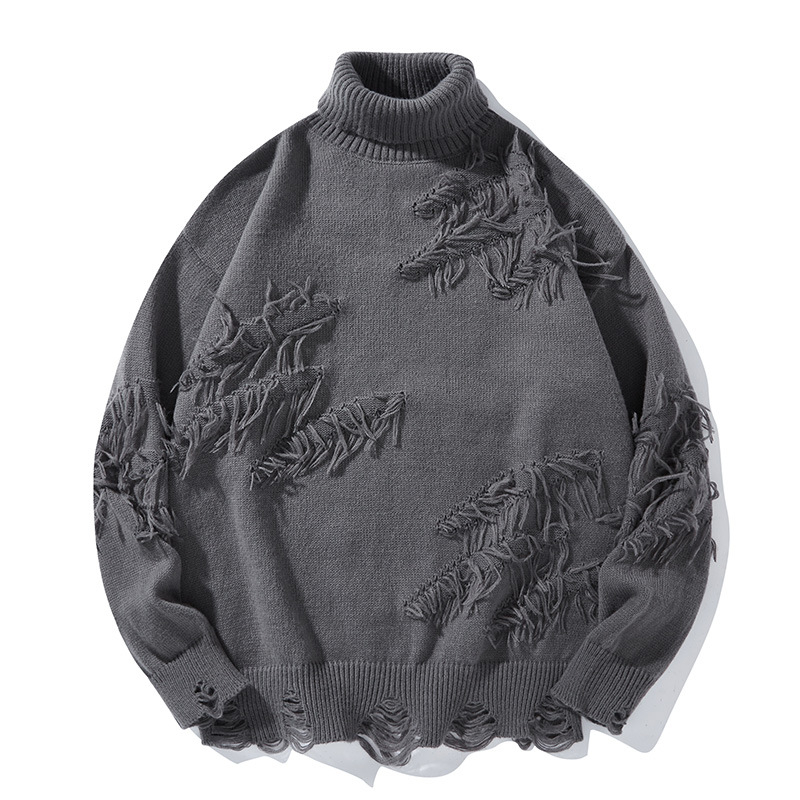 Pulover cu guler înalt și ciucuri rupte american transfrontalier, iarna caldă, stil leneș, casual, pulover pentru bărbați, stil de toamnă și iarnă