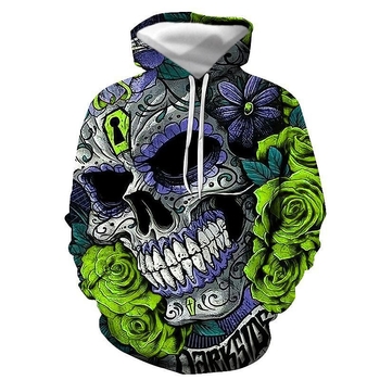 Пролетен нов мъжки пуловер с качулка и 3D дигитален печат с череп, свободен, ежедневен, с качулка