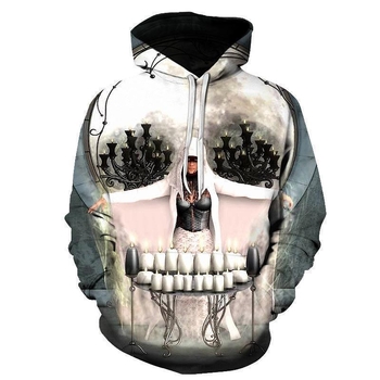 Пролетен нов мъжки пуловер с качулка и 3D дигитален печат с череп, свободен, ежедневен, с качулка