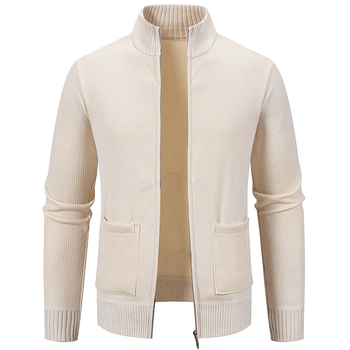 2024 Új Őszi és Téli Férfi Kötöttáru Kötöttáru Kabát Tiszta Színű Bársony Férfi Kardigán Állógallérral Kötöttáru Kötöttáru