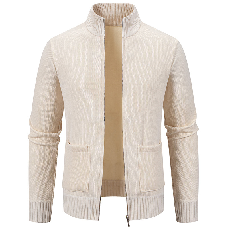2024 Új Őszi és Téli Férfi Kötöttáru Kötöttáru Kabát Tiszta Színű Bársony Férfi Kardigán Állógallérral Kötöttáru Kötöttáru