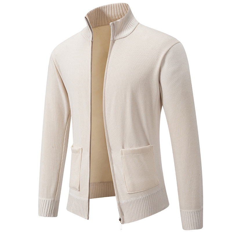 2024 Új Őszi és Téli Férfi Kötöttáru Kötöttáru Kabát Tiszta Színű Bársony Férfi Kardigán Állógallérral Kötöttáru Kötöttáru