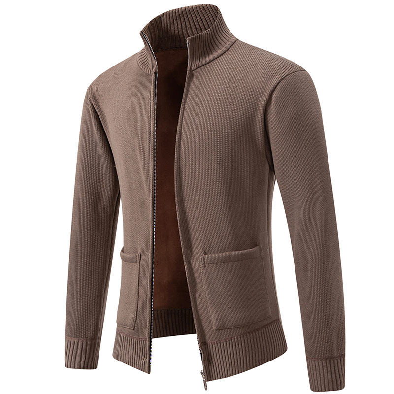 2024 Új Őszi és Téli Férfi Kötöttáru Kötöttáru Kabát Tiszta Színű Bársony Férfi Kardigán Állógallérral Kötöttáru Kötöttáru