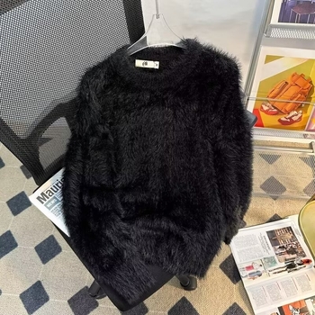 Jesenski i zimski jednobojni topli pleteni džemper s unutarnjim izrezom za muškarce i žene, trendi brend, široki, mekani voštani krzneni sivi džemper s okruglim izrezom