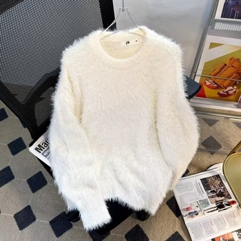 Jesenski i zimski jednobojni topli pleteni džemper s unutarnjim izrezom za muškarce i žene, trendi brend, široki, mekani voštani krzneni sivi džemper s okruglim izrezom