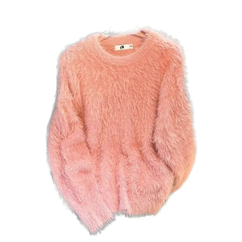 Jesenski i zimski jednobojni topli pleteni džemper s unutarnjim izrezom za muškarce i žene, trendi brend, široki, mekani voštani krzneni sivi džemper s okruglim izrezom