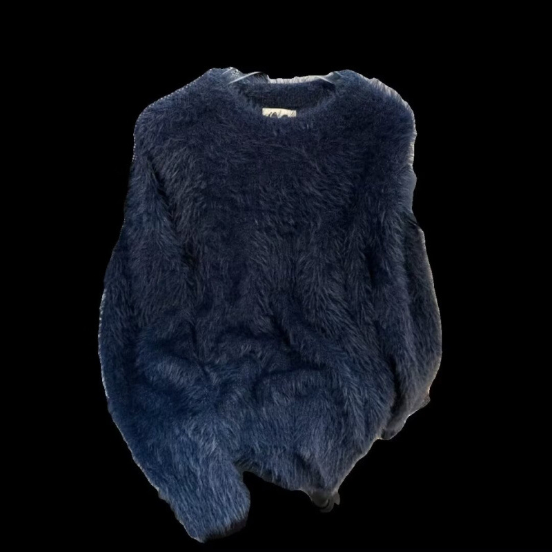 Jesenski i zimski jednobojni topli pleteni džemper s unutarnjim izrezom za muškarce i žene, trendi brend, široki, mekani voštani krzneni sivi džemper s okruglim izrezom