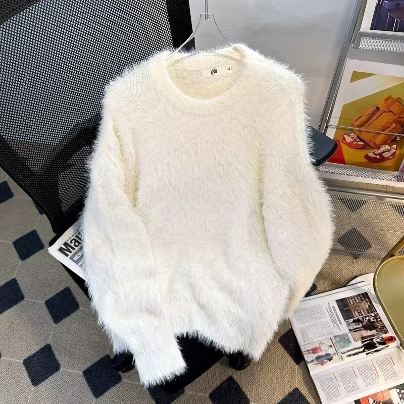 Jesenski i zimski jednobojni topli pleteni džemper s unutarnjim izrezom za muškarce i žene, trendi brend, široki, mekani voštani krzneni sivi džemper s okruglim izrezom