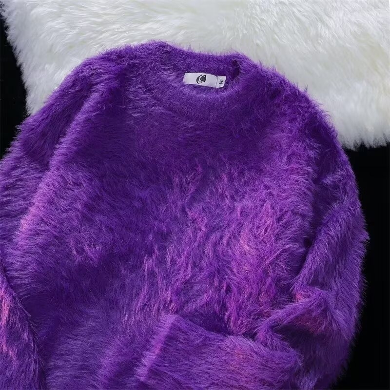 Jesenski i zimski jednobojni topli pleteni džemper s unutarnjim izrezom za muškarce i žene, trendi brend, široki, mekani voštani krzneni sivi džemper s okruglim izrezom