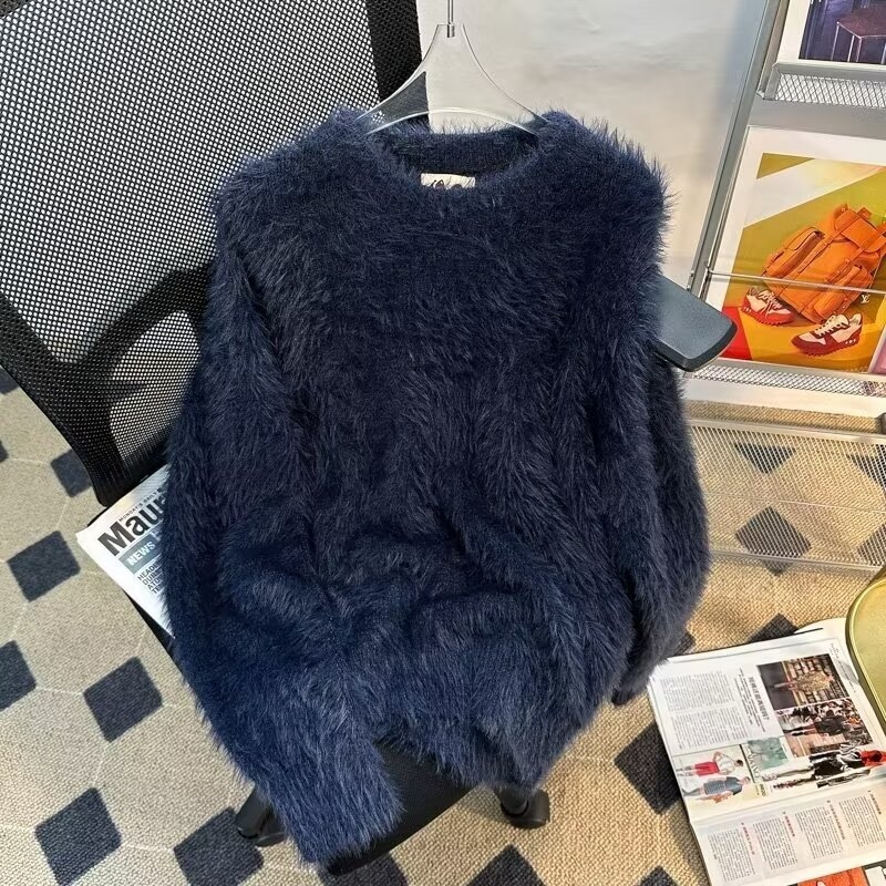 Jesenski i zimski jednobojni topli pleteni džemper s unutarnjim izrezom za muškarce i žene, trendi brend, široki, mekani voštani krzneni sivi džemper s okruglim izrezom