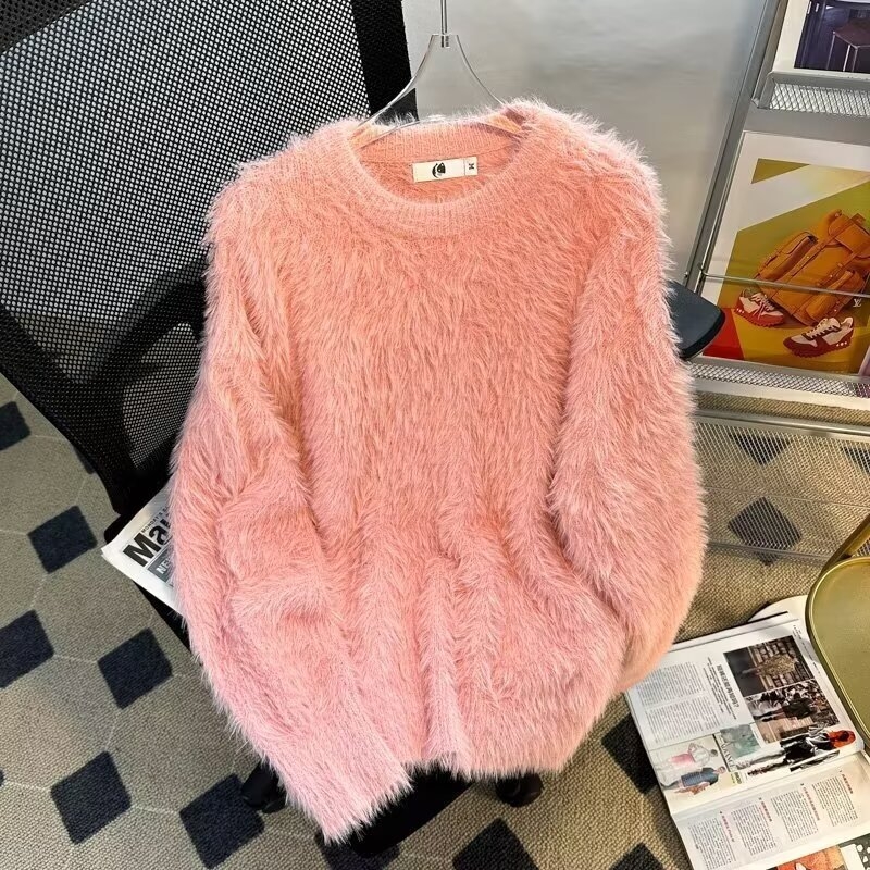 Jesenski i zimski jednobojni topli pleteni džemper s unutarnjim izrezom za muškarce i žene, trendi brend, široki, mekani voštani krzneni sivi džemper s okruglim izrezom