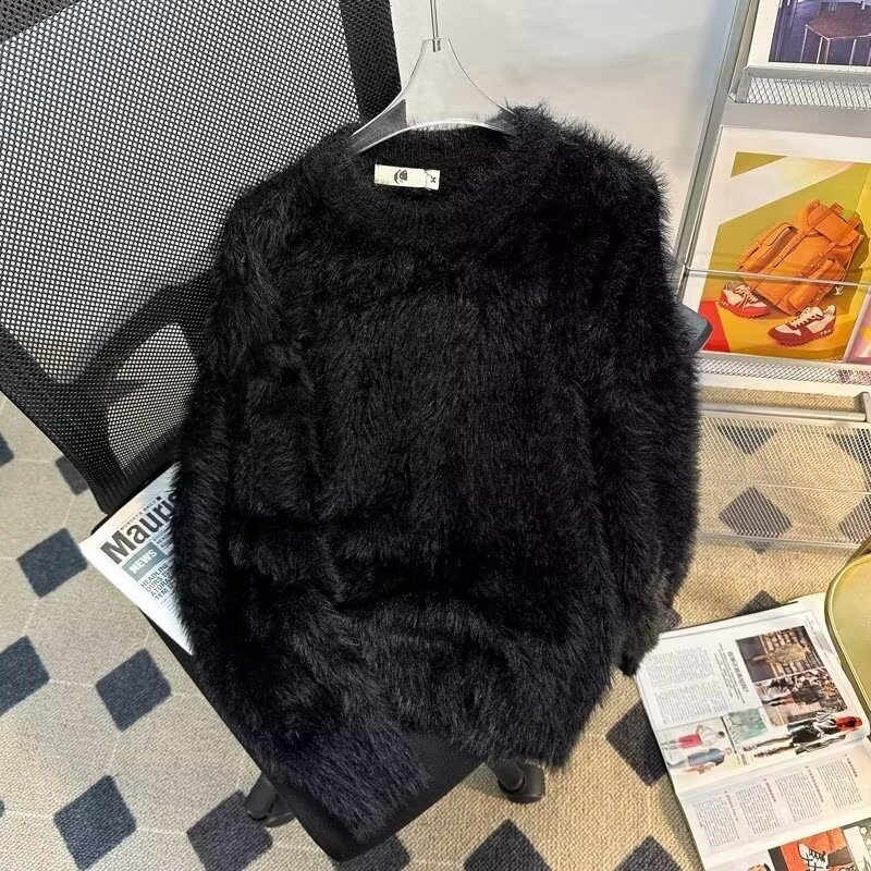 Jesenski i zimski jednobojni topli pleteni džemper s unutarnjim izrezom za muškarce i žene, trendi brend, široki, mekani voštani krzneni sivi džemper s okruglim izrezom