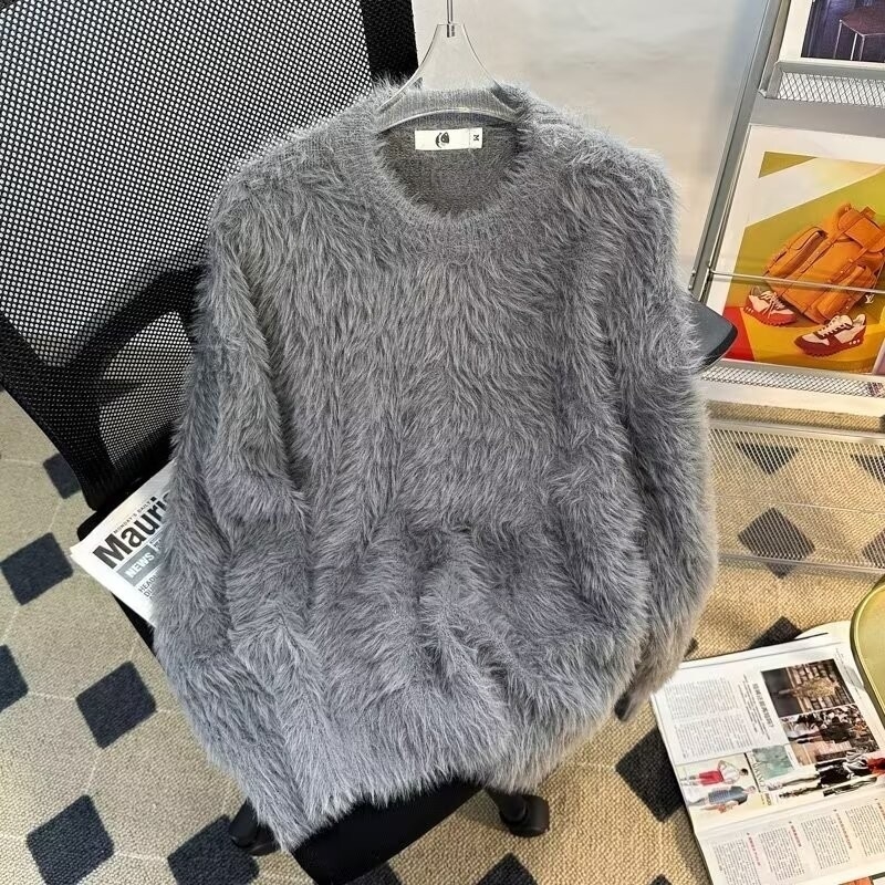 Jesenski i zimski jednobojni topli pleteni džemper s unutarnjim izrezom za muškarce i žene, trendi brend, široki, mekani voštani krzneni sivi džemper s okruglim izrezom