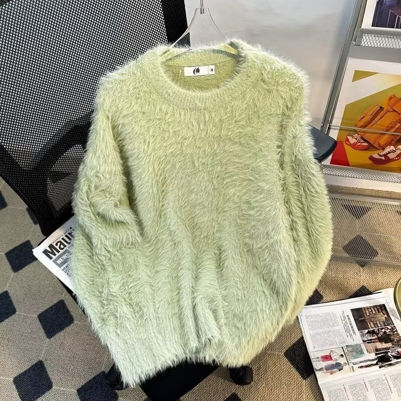 Jesenski i zimski jednobojni topli pleteni džemper s unutarnjim izrezom za muškarce i žene, trendi brend, široki, mekani voštani krzneni sivi džemper s okruglim izrezom