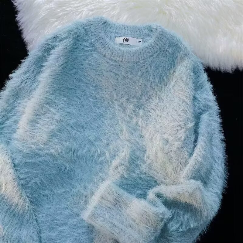 Jesenski i zimski jednobojni topli pleteni džemper s unutarnjim izrezom za muškarce i žene, trendi brend, široki, mekani voštani krzneni sivi džemper s okruglim izrezom