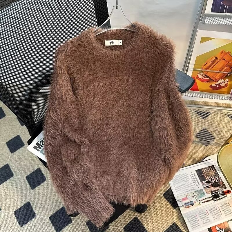 Jesenski i zimski jednobojni topli pleteni džemper s unutarnjim izrezom za muškarce i žene, trendi brend, široki, mekani voštani krzneni sivi džemper s okruglim izrezom