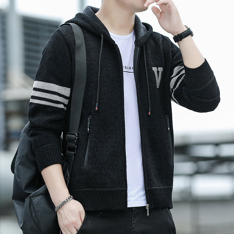Jachetă de iarnă pentru bărbați, de înaltă calitate, cu glugă, căptușită cu fleece, tricotată, la modă