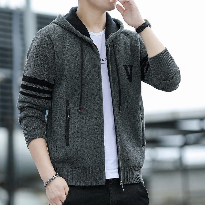 Jachetă de iarnă pentru bărbați, de înaltă calitate, cu glugă, căptușită cu fleece, tricotată, la modă