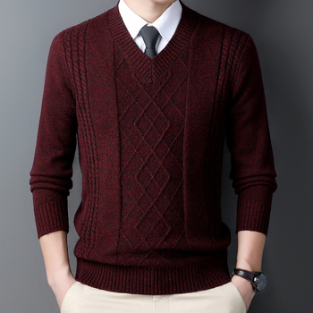 Iarnă nouă pentru bărbați, pulover cu guler inimă de pui, guler înalt, tricotaje casual jacquard retro cald cu guler în V, cămașă de bază pentru bărbați