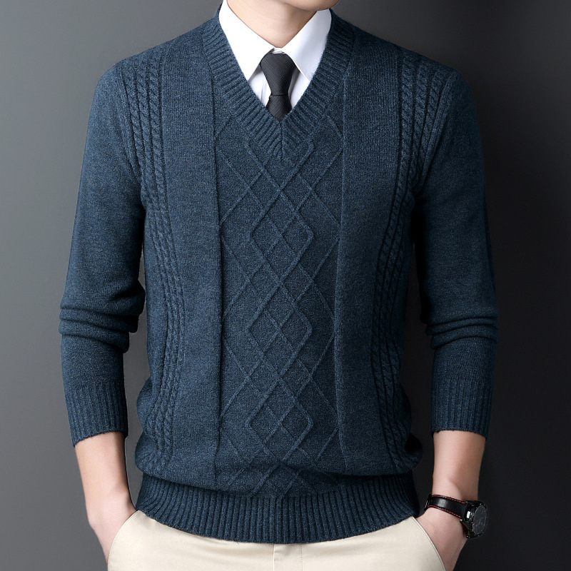 Iarnă nouă pentru bărbați, pulover cu guler inimă de pui, guler înalt, tricotaje casual jacquard retro cald cu guler în V, cămașă de bază pentru bărbați