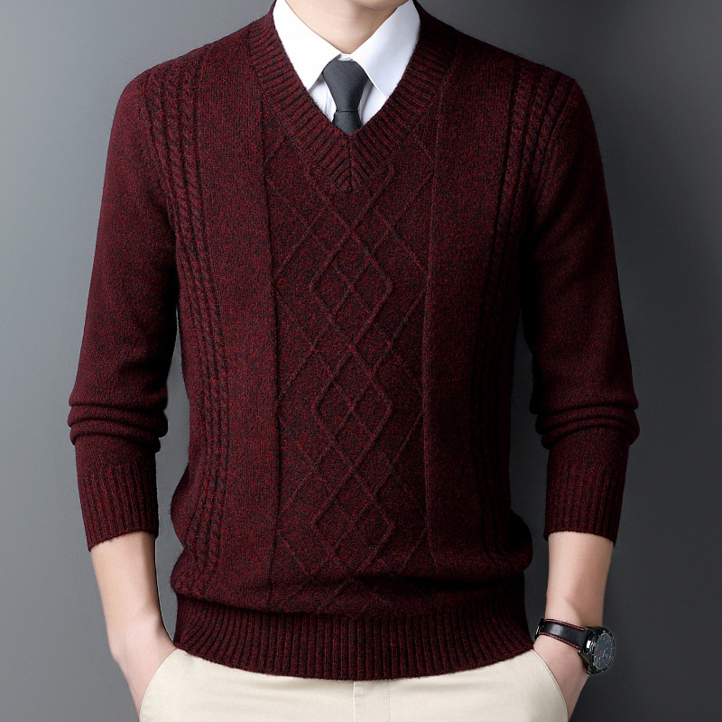 Iarnă nouă pentru bărbați, pulover cu guler inimă de pui, guler înalt, tricotaje casual jacquard retro cald cu guler în V, cămașă de bază pentru bărbați