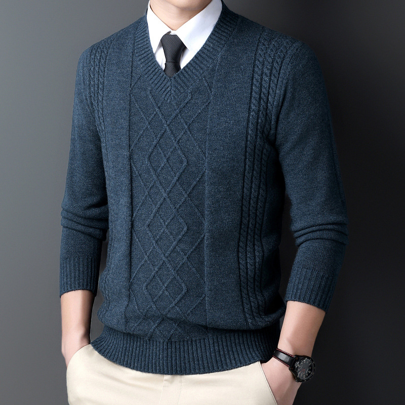 Iarnă nouă pentru bărbați, pulover cu guler inimă de pui, guler înalt, tricotaje casual jacquard retro cald cu guler în V, cămașă de bază pentru bărbați