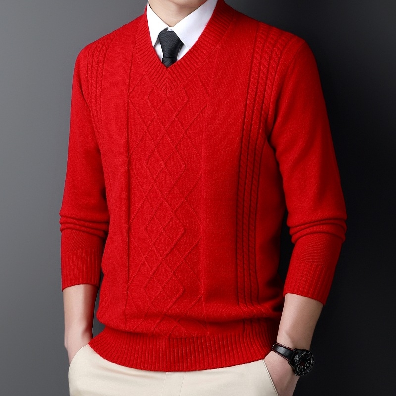 Iarnă nouă pentru bărbați, pulover cu guler inimă de pui, guler înalt, tricotaje casual jacquard retro cald cu guler în V, cămașă de bază pentru bărbați