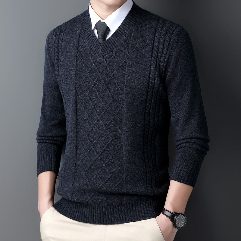 Iarnă nouă pentru bărbați, pulover cu guler inimă de pui, guler înalt, tricotaje casual jacquard retro cald cu guler în V, cămașă de bază pentru bărbați