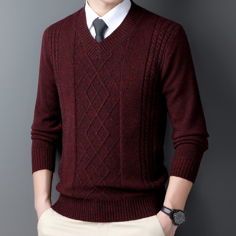 Iarnă nouă pentru bărbați, pulover cu guler inimă de pui, guler înalt, tricotaje casual jacquard retro cald cu guler în V, cămașă de bază pentru bărbați