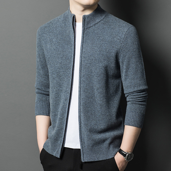 2024 Toamna și iarna nouă bărbați Casual Business lână pură cu fermoar guler stand culoare pură Cardigan jachetă pulover bărbați la modă