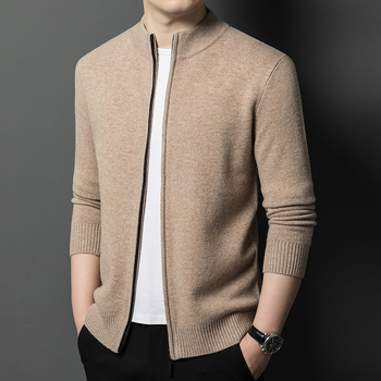 2024 Toamna și iarna nouă bărbați Casual Business lână pură cu fermoar guler stand culoare pură Cardigan jachetă pulover bărbați la modă