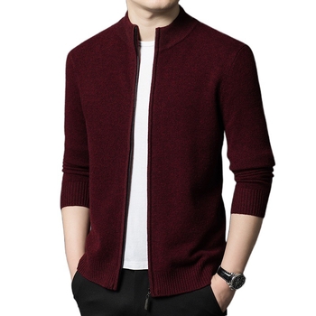 2024 Toamna și iarna nouă bărbați Casual Business lână pură cu fermoar guler stand culoare pură Cardigan jachetă pulover bărbați la modă