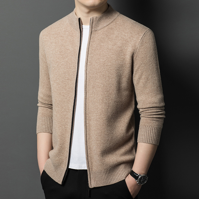 2024 Toamna și iarna nouă bărbați Casual Business lână pură cu fermoar guler stand culoare pură Cardigan jachetă pulover bărbați la modă