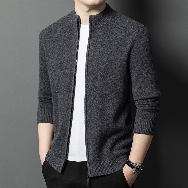 2024 Toamna și iarna nouă bărbați Casual Business lână pură cu fermoar guler stand culoare pură Cardigan jachetă pulover bărbați la modă