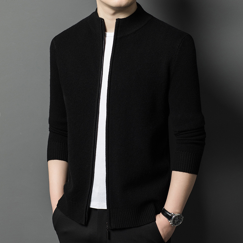 2024 Toamna și iarna nouă bărbați Casual Business lână pură cu fermoar guler stand culoare pură Cardigan jachetă pulover bărbați la modă