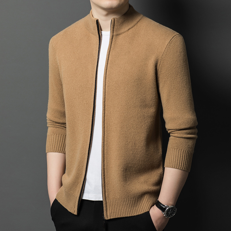 2024 Toamna și iarna nouă bărbați Casual Business lână pură cu fermoar guler stand culoare pură Cardigan jachetă pulover bărbați la modă
